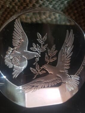 Etched glass paperweight 'The Rotary Foundation' with Dove Carrying Olive Branch